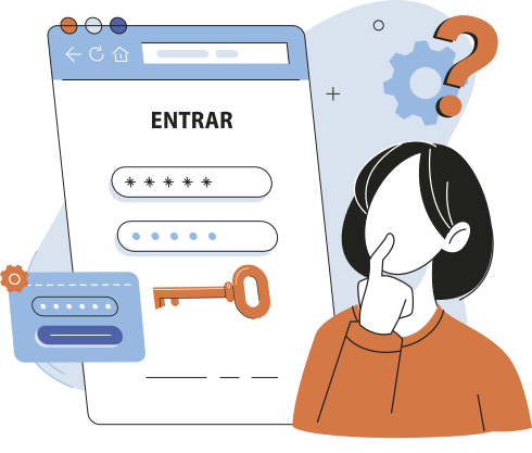 Ilustração de uma mulher pensativa diante de uma tela de login com a palavra “ENTRAR” no topo. A interface exibe campos de senha ocultos por asteriscos e ícones relacionados à segurança digital, como uma chave e engrenagens. Acima da personagem há um ponto de interrogação, sugerindo dúvida ou esquecimento de senha. A imagem representa um momento de dificuldade para acessar uma conta digital, abordando temas como autenticação e gerenciamento de senhas.