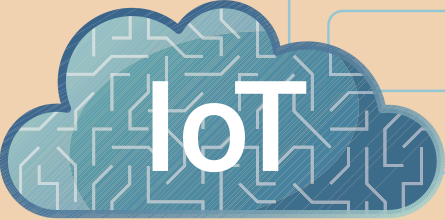 Ilustração de um ícone em formato de nuvem azul com a sigla 'IoT' ao centro, sobre um fundo em tom bege. A superfície da nuvem apresenta linhas e circuitos que remetem a conexões digitais e tecnologia.