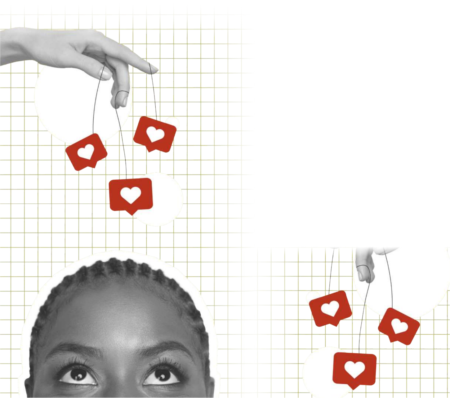 Montagem visual com fundo quadriculado sobre o qual aparecem duas mãos segurando cordas, controlando ícones vermelhos de curtidas de redes sociais com corações brancos. Na parte inferior da imagem, há o rosto de uma jovem com tranças olhando para cima, em direção aos ícones. A imagem sugere reflexão sobre a influência das redes sociais e o controle exercido por algoritmos ou usuários sobre a busca por aprovação digital.
