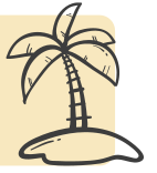 Ícone de uma pequena ilha com uma palmeira central inclinada, desenhada com traços simples e contorno preto.