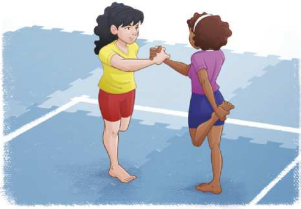 Ilustração de duas meninas apoiadas em um pé só, frente a frente, sobre tatames, segurando uma das mãos da outra jogadora e, com a outra mão, segurando um dos pés atrás do quadril.