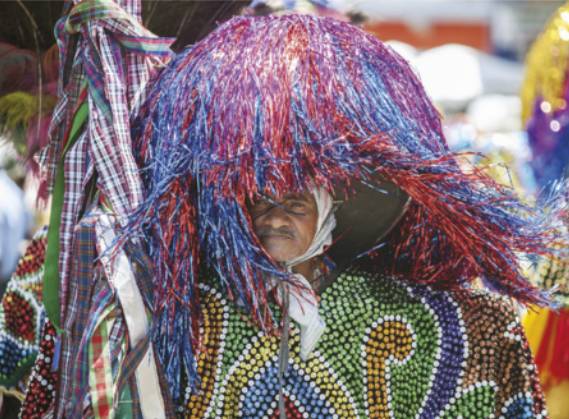 Fotografia de um homem vestido com uma fantasia coberta por lantejoulas de cores diversas, e com uma espécie de chapéu com uma peruca de franjas brilhantes e coloridas.