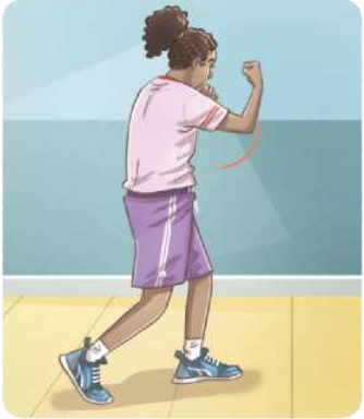 Ilustração de uma garota em pé com a perna esquerda à frente, socando o ar à frente com o punho direito em um giro de baixo para cima, à altura do rosto.