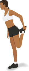 Ilustração de uma mulher em pé alongando a região posterior da coxa. Ela está apoiada com o pé direito no chão, usando a mão esquerda atrás do corpo para puxar o pé esquerdo contra o glúteo, flexionando o joelho esquerdo.