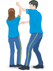 Ilustração de um garoto e uma garota dançando com as mãos dadas. A garota refaz o giro, no sentido oposto, de volta à posição inicial, deslocando o corpo e afastando-se do parceiro à medida que gira. Ele segura uma das mãos dela à frente, à altura do peito; e a outra mão no alto, sobre a cabeça dela.