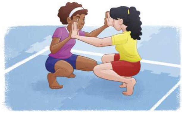 Ilustração de duas meninas agachadas frente a frente sobre tatames, com as palmas das mãos unidas entre si, paralelas e afastadas, à altura do rosto.