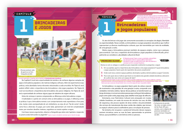 Reprodução de páginas do livro contendo a Abertura de capítulo e a abertura de tópico.