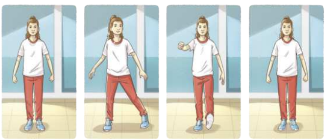 Ilustração representando uma garota executando o passo 2 do breaking, em quatro etapas. Elas são as seguintes: 1. Em pé, com as pernas estendidas e unidas, a garota está com os braços ligeiramente abertos ao lado do corpo, à altura da cintura. 2. Ela abre levemente os braços ao lado da cintura, pisando para o lado com a perna esquerda, usando a ponta do pé. 3. Com a perna esquerda, a garota dá um chute baixo à frente, erguendo o braço direito à frente.  4. Ela retorna o pé esquerdo à posição inicial, paralelo ao direito, e com as pernas unidas.