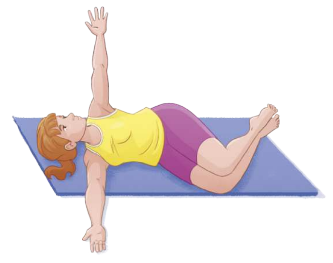 Ilustração de uma mulher deitada de lado sobre um colchonete, com o corpo voltado para o lado direito e os joelhos flexionados e unidos. Ela estende o braço direito no chão, ortogonalmente aos ombros, e estende o braço esquerdo para o alto, alinhado com os ombros, com o rosto voltado para o lado esquerdo, olhando para cima.