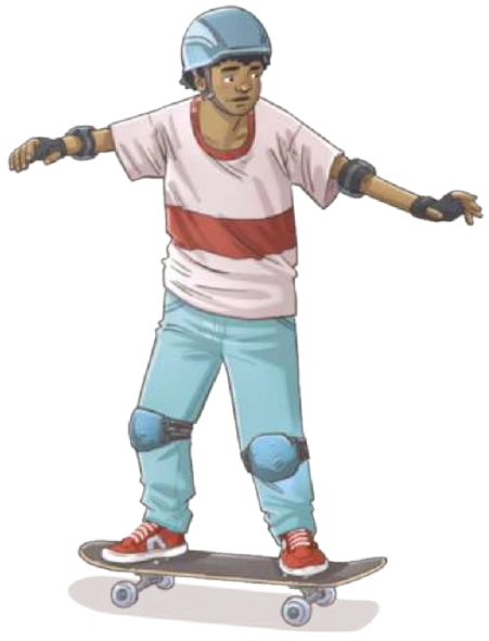 Ilustração de um garoto em pé sobre um skate, usando capacete, luvas, cotoveleiras e joelheiras. Ele está com os pés levemente afastados e os joelhos ligeiramente flexionados, com os braços abertos ao lado do corpo.