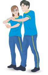 Ilustração de um garoto e uma garota dançando com as mãos dadas. A garota termina o giro ao lado do parceiro, que segura uma das mãos dela à frente, à altura dos ombros, e a outra mão à altura da cintura, abraçando-a por trás.