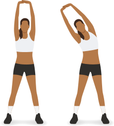 Ilustração de uma mulher alongando a musculatura lateral do tronco, em duas etapas. Na primeira etapa, ela está em pé, com as pernas estendidas e levemente afastadas, com os braços erguidos para o alto, estendidos e com as mãos unidas. Na segunda etapa, ela curva o tronco para a direita, mantendo os braços estendidos e as mãos unidas no alto, inclinando-as à direita.