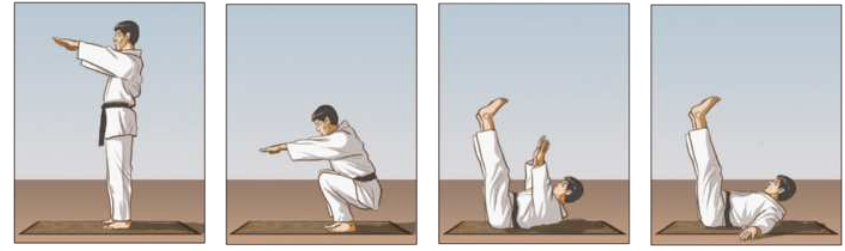 Ilustração de um garoto executando a queda ushiro-ukemi partindo da posição em pé, em 4 etapas. Elas são as seguintes: 1. O garoto está em pé sobre um colchonete, com os braços erguidos à frente, à altura dos ombros. 2. O garoto se agacha com os pés paralelos no colchonete, mantendo os braços estendidos à frente. 3. Ele deita com as costas sobre o colchonete, com os braços e pernas estendidas para cima. 4. Ainda com as pernas para o alto, ele desce os braços ao chão e bate com as palmas das mãos no chão ao lado do corpo.