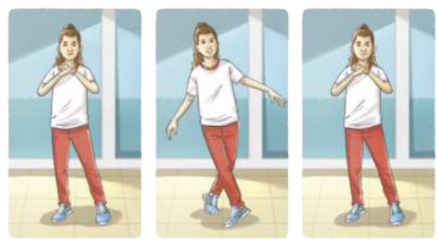 Ilustração representando uma garota executando o passo 1 do breaking, em três etapas. Elas são as seguintes: 1. Em pé, com as pernas estendidas e levemente afastadas, a garota cruza os braços à frente do corpo, à altura dos ombros. 2. Ela abre os braços ao lado da cintura, dando um passo em diagonal para a frente, cruzando à perna direita à frente da esquerda, com o pé voltado para fora, ficando na ponta dos pés. 3. A garota dá um passo com pé direito de volta para o lado direito, voltando à posição inicial.