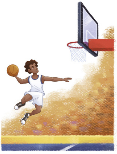 Ilustração de um jogador de basquete saltando em direção a uma cesta, com o braço erguido atrás da cabeça, segurando a bola.