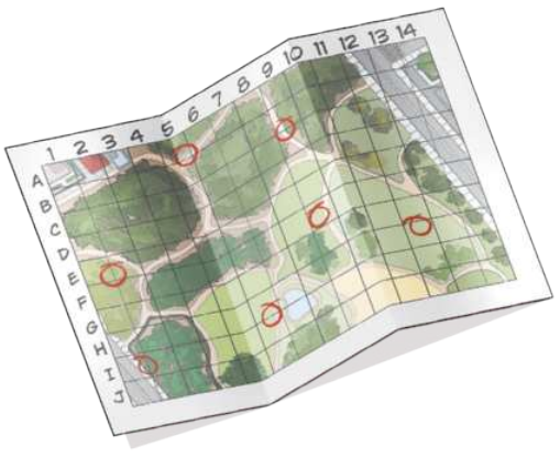 Ilustração de um mapa com coordenadas, em que as letras de A a J estão marcadas nas margens do mapa, no eixo vertical; e os números de 0 a 14 estão marcados no eixo horizontal. O mapa representa um parque com trilhas e áreas de vegetação, além de gramados e um lago. Alguns dos quadrantes das coordenadas estão assinalados com círculos, feitos com caneta vermelha.