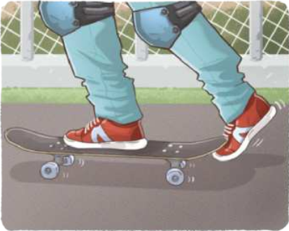 Ilustração de uma pessoa usando tênis e joelheiras, com um dos pés à frente, apoiado sobre um skate; e o outro pé atrás, apoiado com a ponta do pé no chão, paralelo ao skate, tomando impulso.