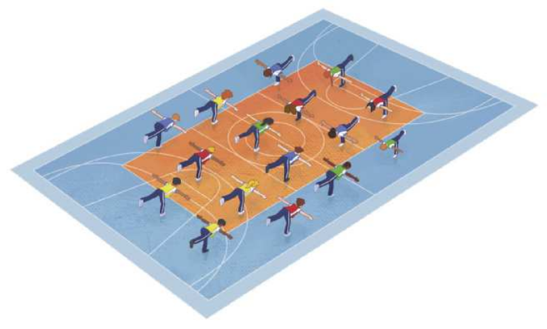 Ilustração de uma quadra poliesportiva com quatro equipes de estudantes organizados em fileiras na quadra. Eles estão executando uma mesma pose de equilíbrio, apoiados em uma perna só, com o tronco deitado para a frente, os braços abertos alinhados com os ombros, e uma perna estendida para trás.