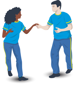 Ilustração de um garoto e uma garota dançando, com uma das mãos segurando a do parceiro. Eles dão um passo para trás simultaneamente, girando levemente o corpo em direção ao pé que recua, em um movimento espelhado.