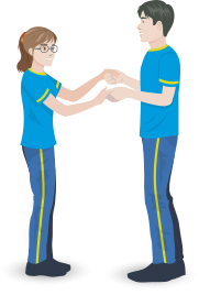 Ilustração de um garoto e uma garota dançando frente a frente, com as mãos dadas, à frente do tronco.