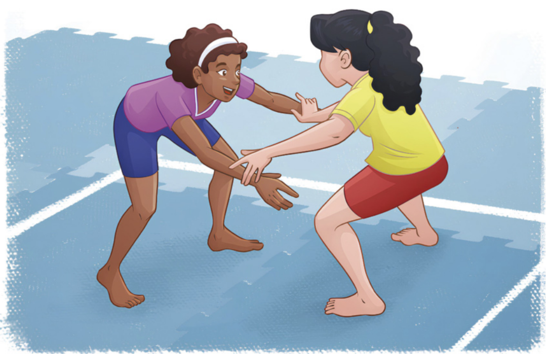 Ilustração de duas meninas frente a frente sobre tatames, com as pernas flexionadas, paralelas e afastadas, e o tronco inclinado para a frente. Elas estendem os braços à frente, tentando alcançar os joelhos da adversária, usando as mãos também para se defender e afastar as mãos da outra jogadora.