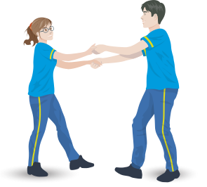 Ilustração de um garoto e uma garota dançando frente a frente, com as mãos dadas. Eles dois dão um passo para trás, afastando-se simultaneamente, sem soltar as mãos.