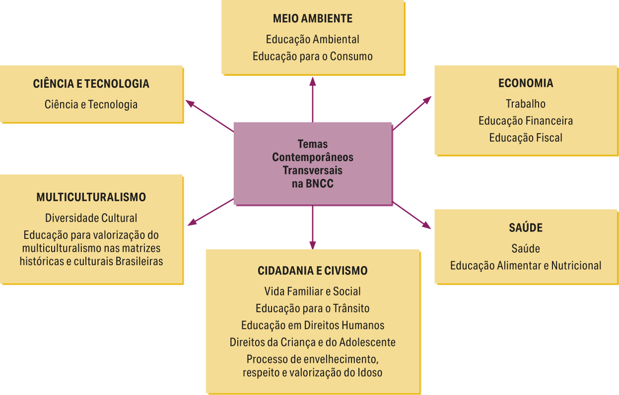 Esquema 'Temas contemporâneos transversais BNCC'. Eles são os seguintes:  'MULTICULTURALISMO: Diversidade Cultural; Educação para valorização do multiculturalismo nas matrizes históricas e culturais Brasileiras'; 'CIÊNCIA E TECNOLOGIA: Ciência e Tecnologia'; 'MEIO AMBIENTE: Educação Ambiental; Educação para o Consumo'; 'CIDADANIA E CIVISMO: Vida Familiar e Social; Educação para o Trânsito; Educação em Direitos Humanos; Direitos da Criança e do Adolescente; Processo de envelhecimento, respeito e valorização do idoso'; 'ECONOMIA: Trabalho; Educação Financeira; Educação Fiscal'; 'SAÚDE: Saúde; Educação Alimentar e Nutricional'.