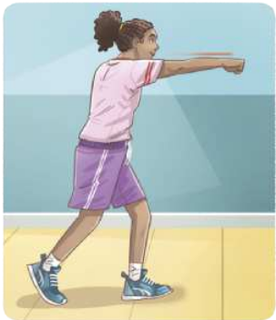 Ilustração de uma garota em pé com a perna esquerda à frente, socando o ar com o punho direito, estendendo o braço à frente à altura do queixo.