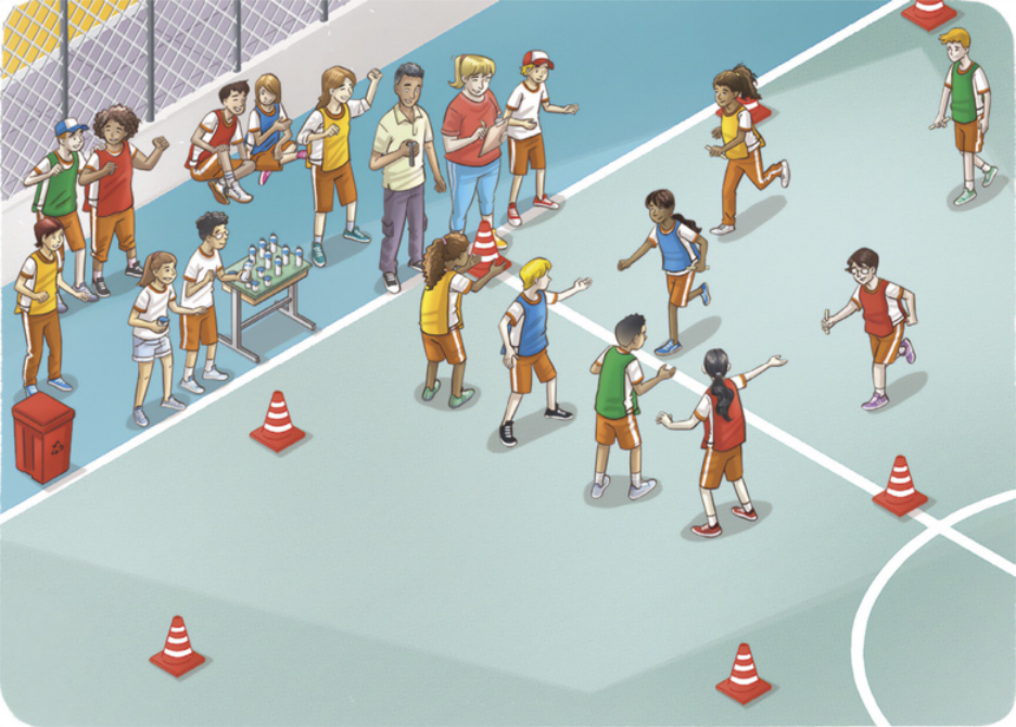 Ilustração representando estudantes realizando uma corrida de revezamento em uma quadra poliesportiva, com professores e colegas ao lado da quadra assistindo e torcendo.