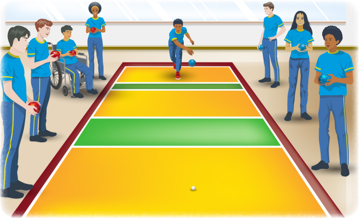 Ilustração de um grupo de estudantes uniformizados em torno de uma cancha de bocha. Há um garoto na cancha, atrás da linha de arremesso, jogando a bocha em direção ao bolim, que está parado próximo à extremidade da cancha.