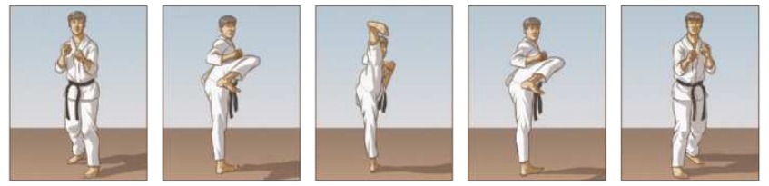 Ilustração representando um garoto de quimono executando o chute yop tchagui, em cinco etapas. Elas são as seguintes: 1. O garoto está em posição de base, com a perna esquerda à frente e a perna direita atrás, ambas ligeiramente flexionadas, com o braço esquerdo à frente do corpo e o braço direito flexionado junto ao corpo, sobre as costelas, ambos com os punhos fechados. 2. O garoto ergue a perna direita à frente, com o joelho flexionado acima da cintura e o pé esquerdo apoiado no chão, virado para trás, inclinando o tronco para trás e girando o quadril para a esquerda, e trazendo os braços flexionados junto ao corpo, protegendo as costelas. 3. O garoto chuta com a sola do pé direito, com a ponta do pé voltada para a esquerda, estendendo a perna à frente acima da cabeça. 4. O garoto flexiona a perna direita novamente, recuando o pé para baixo, ainda com o joelho erguido. 5. O garoto pisa à frente com a perna direita, trocando a base com a qual começou o chute.