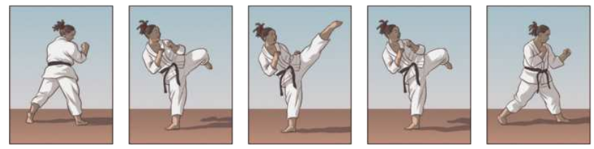 Ilustração representando uma garota de quimono executando o chute dolyo tchagui, em cinco etapas. Elas são as seguintes: 1. A garota está em posição de base, com a perna direita à frente e a perna esquerda atrás, ambas ligeiramente flexionadas, com o braço direito à frente do corpo e o braço esquerdo flexionado junto ao corpo, sobre as costelas, ambos com os punhos fechados. 2. A garota ergue a perna esquerda à frente, com o joelho flexionado acima da cintura e o pé direito apoiado no chão, virado para fora, inclinando o tronco para trás, e trazendo os braços flexionados junto ao corpo, protegendo as costelas. 3. A garota chuta com a ponta do pé esquerdo voltada para a direita, estendendo a perna à frente acima da cabeça. 4. A garota flexiona a perna esquerda novamente, recuando o pé para baixo, ainda com o joelho erguido. 5. A garota pisa à frente com a perna esquerda, trocando a base com a qual começou o chute.