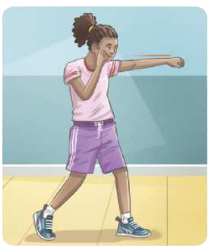 Ilustração de uma garota em pé, com as pernas levemente afastadas, com a perna direita à frente, desferindo um soco com o braço esquerdo estendido à  altura do queixo, com a mão direita erguida ao lado do pescoço, protegendo a lateral do tronco com o antebraço.