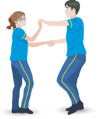 Ilustração de um garoto e uma garota dançando frente a frente, com as mãos dadas, à frente do tronco, voltando à posição inicial.
