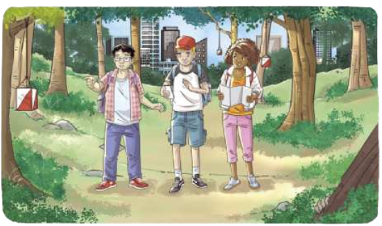 Ilustração representando dois garotos e uma garota, de mochilas nas costas, caminhando em uma trilha em um parque, com a cidade ao fundo. A menina está segurando um mapa nas mãos, e um dos garotos está segurando um papel. Há caixas de papel com as cores vermelha e branca, amarradas com barbantes a troncos de árvores ao longo da trilha.