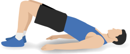 Ilustração representando um homem deitado no chão realizando uma elevação pélvica. Ele se apoia no chão com os pés paralelos, flexionando os joelhos; com a parte superior das costas, apoiando a cervical e a cabeça no chão; e com os braços estendidos no chão ao lado do corpo. Ele está com a coluna alinhada e elevada, deitando o corpo no ar em diagonal.