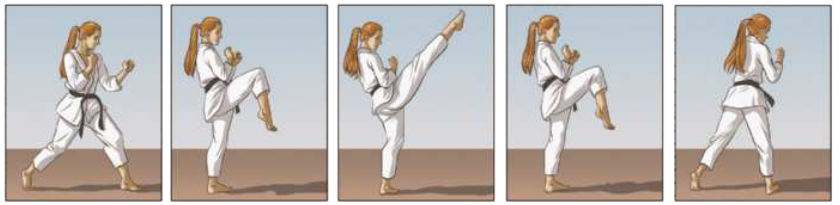 Ilustração representando uma garota de quimono executando o chute ap tchagui, em cinco etapas. Elas são as seguintes: 1. A garota está em posição de base, com a perna esquerda à frente e a perna direita atrás, ambas ligeiramente flexionadas, com o braço esquerdo à frente do corpo e o braço direito flexionado junto ao corpo, sobre as costelas, ambos com os punhos fechados. 2. A garota ergue a perna direita à frente, com o joelho flexionado acima da cintura, trazendo o braço direito flexionado junto ao peito, protegendo as costelas. 3. A garota chuta com a ponta do pé, estendendo a perna à frente acima da cabeça. 4. A garota flexiona a perna direita novamente, recuando o pé para baixo, ainda com o joelho erguido. 5. A garota pisa à frente com a perna direita, trocando a base com a qual começou o chute.