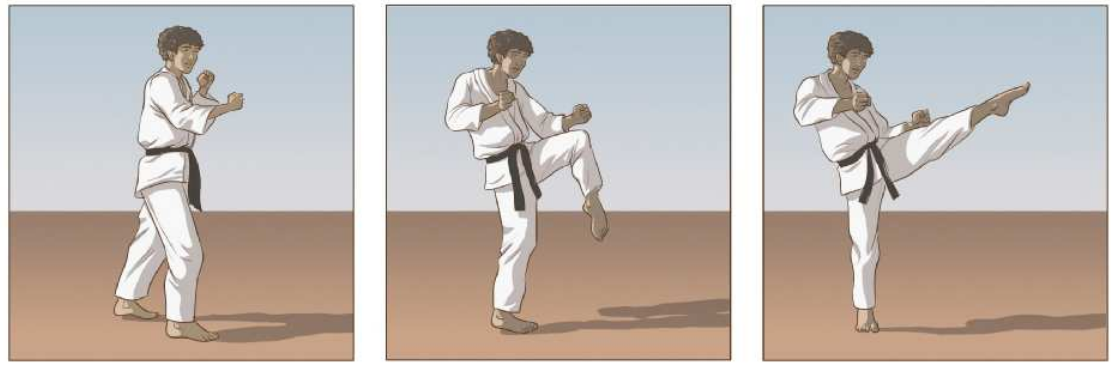 Ilustração representando um garoto de quimono executando o chute bandal tchagui, em três etapas. Elas são as seguintes: 1. O garoto está em posição de base, com a perna esquerda à frente e a perna direita atrás, ambas ligeiramente flexionadas, com o braço direito à frente do corpo e o braço esquerdo flexionado junto ao corpo, sobre as costelas, ambos com os punhos fechados. 2. O garoto ergue a perna esquerda à frente, com o joelho flexionado, trazendo o braço direito flexionado junto ao peito, protegendo as costelas. 3. O garoto chuta com a ponta do pé, estendendo a perna à frente à altura dos ombros.