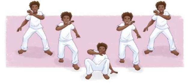 Ilustração representando um garoto descalço executando a cocorinha, em cinco etapas. Elas são as seguintes: 1. Com os pés paralelos e as pernas afastadas e flexionadas, ele ergue o braço esquerdo à frente do peito, com o braço direito ao lado da cintura; 2. Ele recua a perna direita para trás e começa a se agachar, erguendo o braço direito à frente do peito e recuando o braço esquerdo em direção à cintura; 3. O garoto se agacha, apoiando-se nos pés e na mão esquerda ao lado do pé esquerdo, com o braço direito erguido, protegendo o rosto; 4. Ele se levanta, mantendo o braço direito erguido à frente do rosto, com a perna direita atrás e a perna esquerda à frente; 5. O garoto volta à posição inicial, com os pés paralelos e afastados, com os joelhos flexionados e o braço esquerdo à frente do peito.