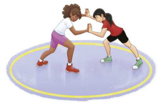 Ilustração de duas mulheres em luta no interior de um círculo desenhado no chão, apoiando-se com as pernas flexionadas e afastadas, uma atrás e outra à frente. Elas estão com os corpos inclinados para a frente, empurrando a oponente pelas palmas das mãos posicionadas à frente do corpo.