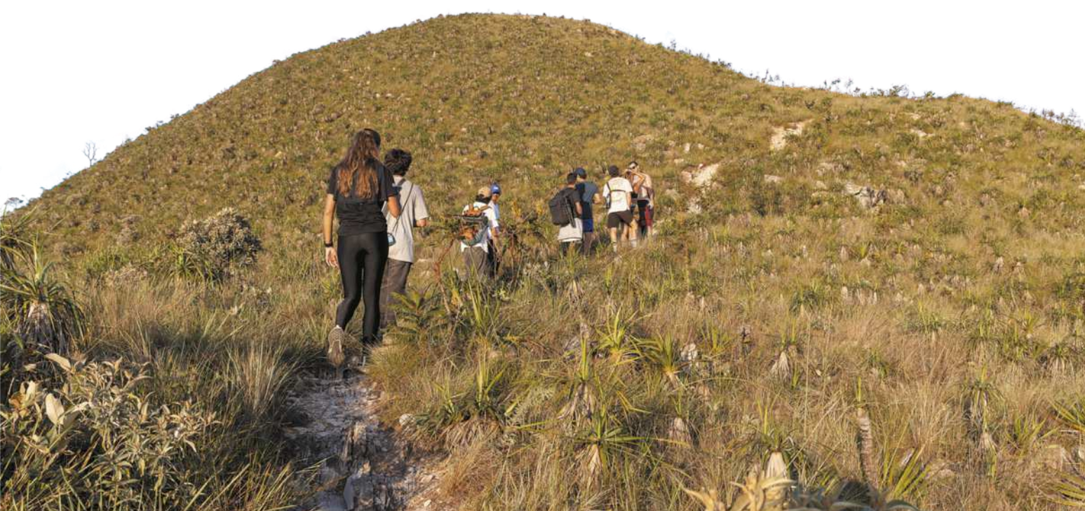 Fotografia de um grupo de pessoas caminhando em uma trilha sobre uma colina, em uma paisagem de morros. Algumas pessoas carregam mochilas, e outras estão usando bonés.