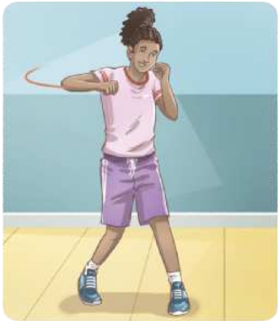 Ilustração de uma garota em pé com a perna esquerda à frente, socando o ar com o punho direito, erguendo o braço direito lateralmente, fazendo um giro com o punho alinhado ao ombro, e protegendo a lateral do tronco com o antebraço esquerdo.
