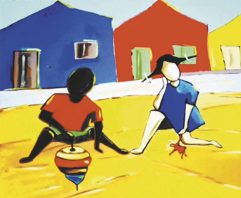 Pintura representando um menino e uma menina sem rosto, sentados no chão de uma rua, usando roupas coloridas, brincando com um peão e uma boneca. Ao fundo há fachadas de casas coloridas.