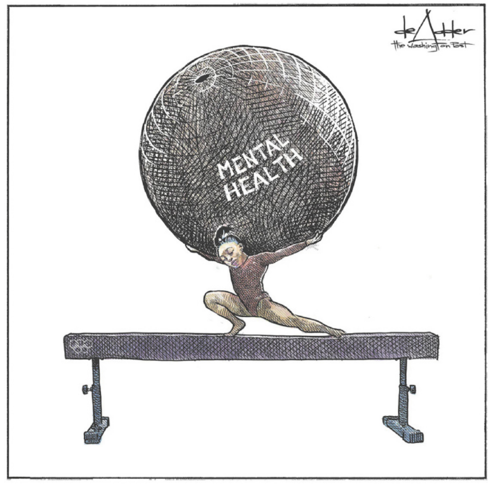 Charge representando Simon Biles. Ela é uma ginasta, realizando uma posição acrobática sobre uma trave de equilíbrio, carregando um enorme globo nas costas em que está escrito, em inglês: 'Saúde mental'.