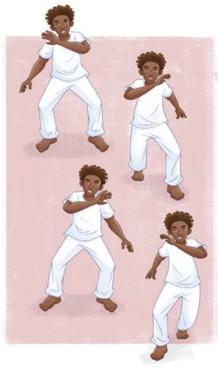 Ilustração representando um garoto descalço gingando, em quatro etapas. Elas são as seguintes: 1. Com os pés paralelos e as pernas afastadas e flexionadas, ele ergue o braço esquerdo à frente do peito, com o braço direito ao lado da cintura; 2. Ele pisa atrás com o pé direito, erguendo o braço direito à frente, e estendendo o braço esquerdo para trás, à altura da cintura; 3. O pé direito retorna à posição inicial, paralelo com o pé esquerdo; 4. Ele pisa atrás com o pé esquerdo, erguendo o braço esquerdo à frente, e estendendo o braço direito para trás, à altura da cintura.