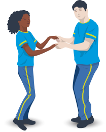 Ilustração de um garoto e uma garota dançando frente a frente, com as mãos dadas, à frente do tronco, dando um passo para o lado, simultaneamente.