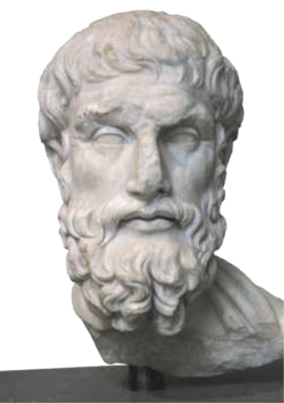 Fotografia de escultura representando o busto de Epicuro. Ele é um homem de cabelos ondulados e curtos, com a barba longa.