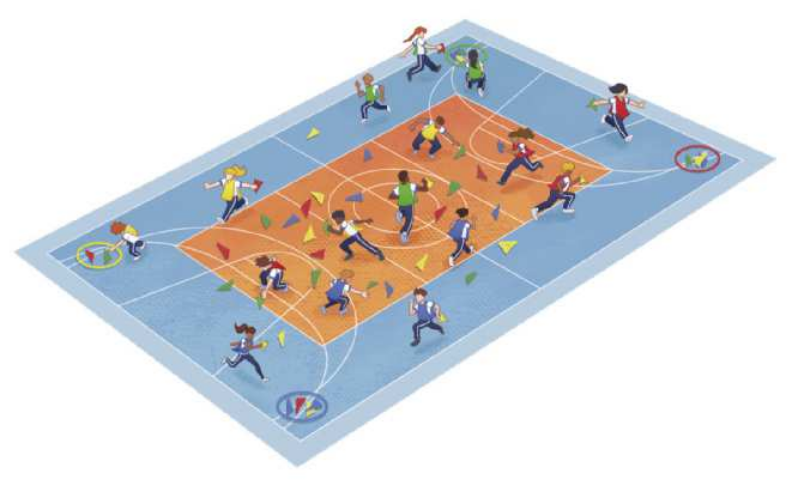Ilustração de uma quadra poliesportiva com quatro equipes de estudantes correndo desordenadamente pela quadra, recolhendo pequenas bandeiras coloridas espalhadas pelo chão, carregando e depositando-as em bambolês dispostos nos quatro cantos da quadra.