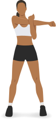 Ilustração de uma mulher em pé, com as pernas levemente afastadas e os pés paralelos, alongando o ombro direito, com o braço direito estendido para o lado, na horizontal, em frente ao peito. Ela puxa o braço direito contra si, segurando a região do cotovelo direito com a mão esquerda.