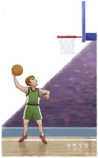 Ilustração de um jogador de basquete arremessando a bola em direção a uma cesta, com o braço erguido à altura da cabeça, em forma de gancho, segurando a bola no alto.
